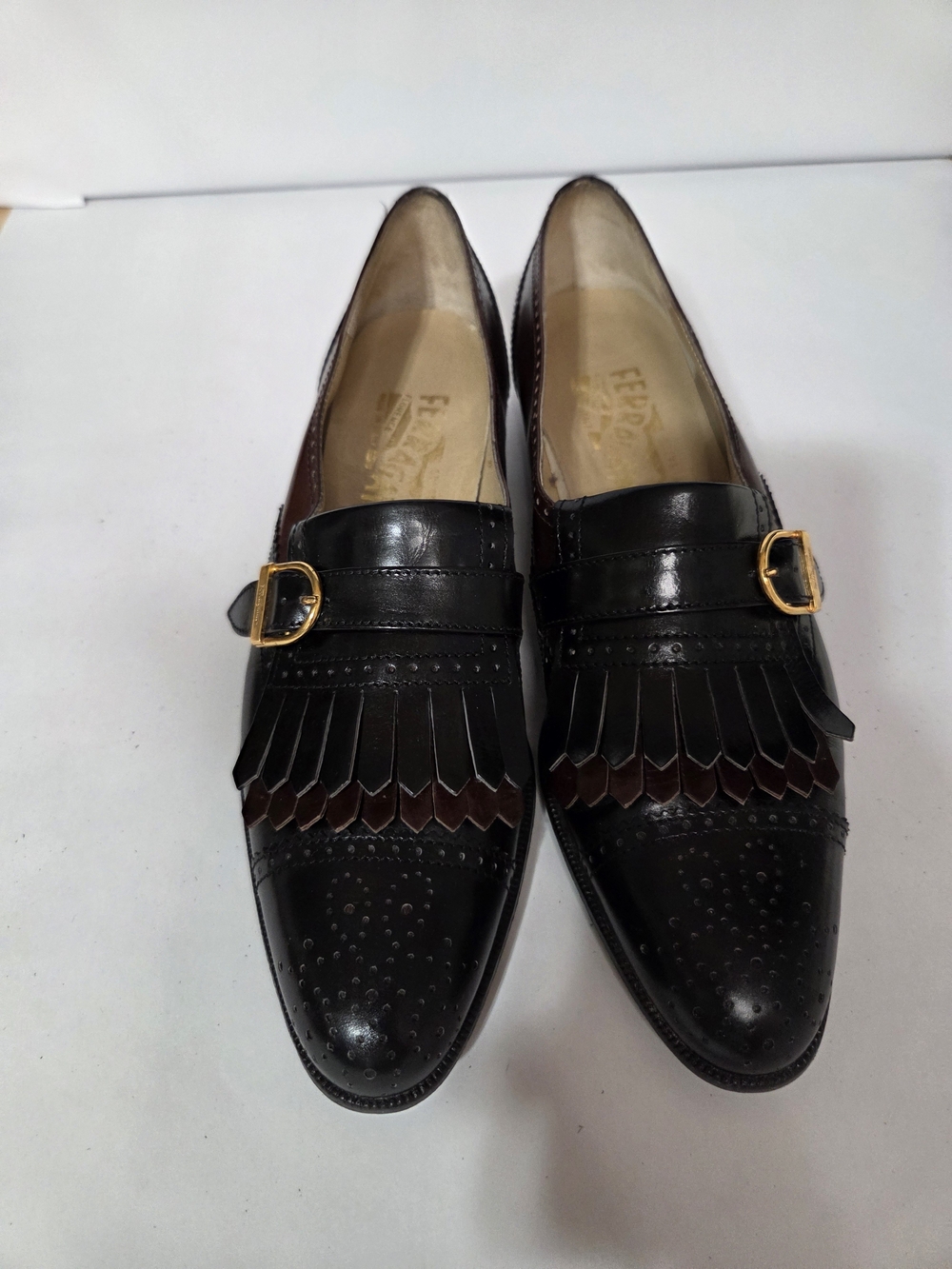 Vintage Salvatore Ferragamo Kiltie Monk Strap Loafers Black Burgudy Leather 7 4A - Picture 2 of 9